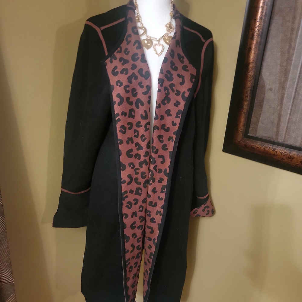 Monroe & Main Black Trench Coat with Leopard Print